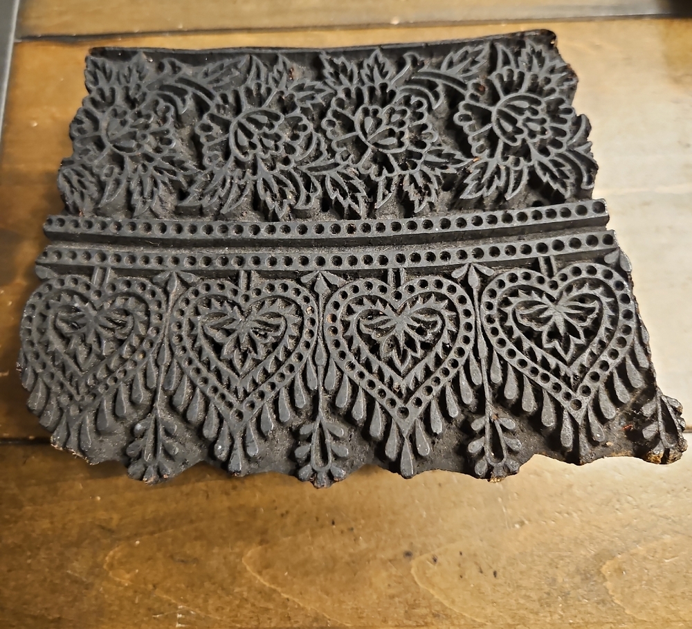Hand Carved Floral and Heart Pattern Block
